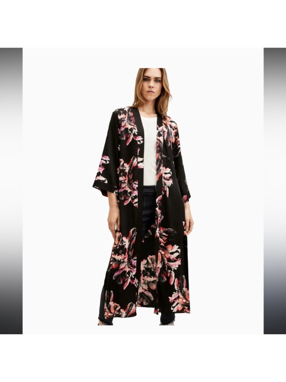 All Saints Carine Black Floral Long Kimono